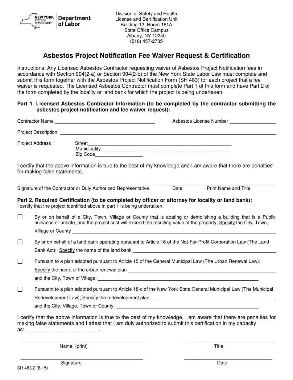 Form SH483.2 Asbestos Project Notification Fee Waiver Request  Certification - New York, Page 1