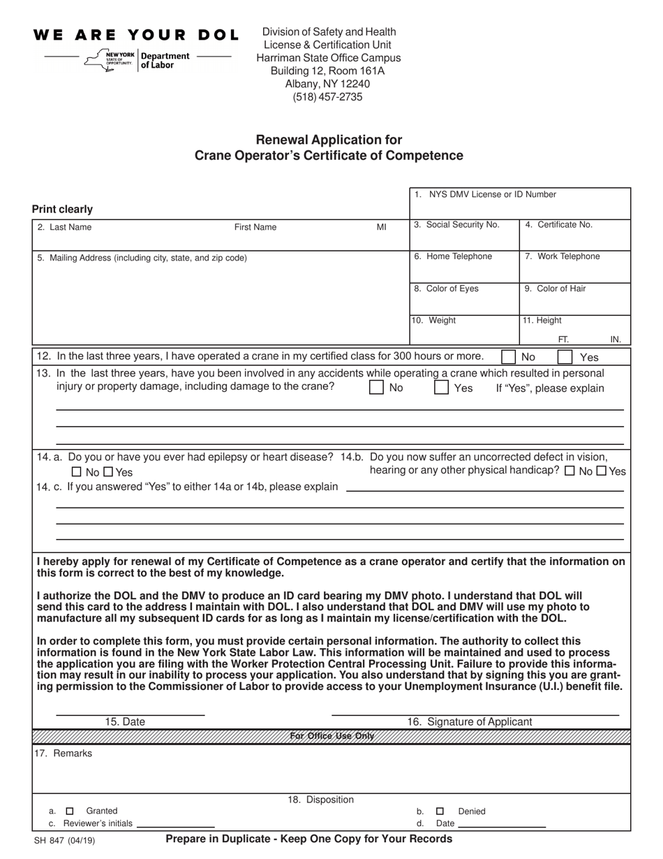 Form SH847 Download Printable PDF or Fill Online Renewal Application for Crane Operator's ...