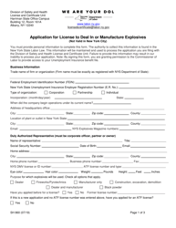 Document preview: Form SH860 Application for License to Deal in or Manufacture Explosives - New York