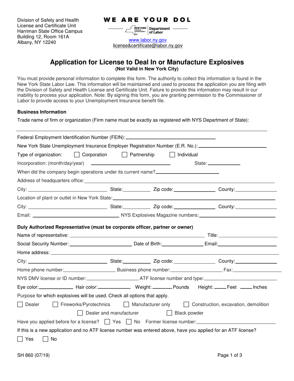 Form SH860 Application for License to Deal in or Manufacture Explosives - New York, Page 1