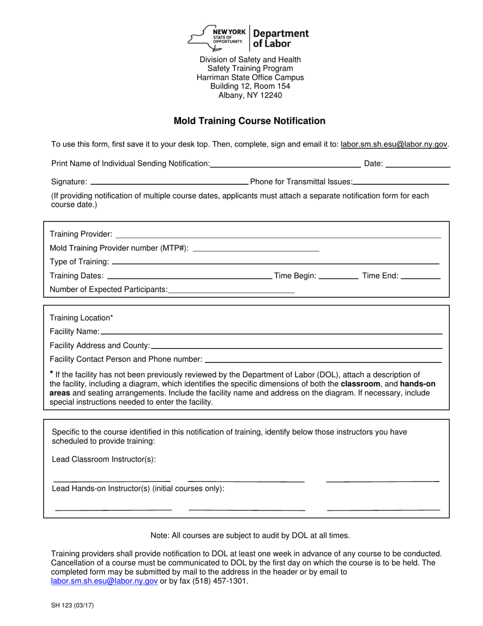 Form SH123 Mold Training Course Notification - New York, Page 1