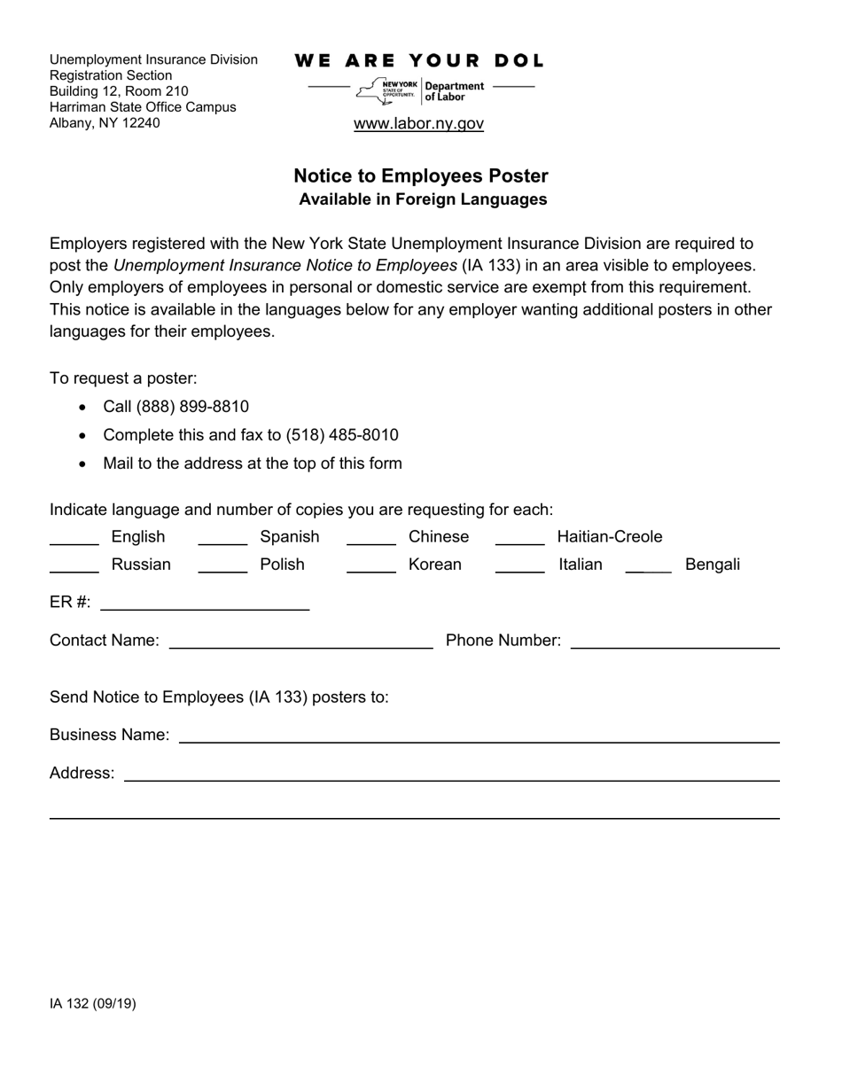 Form IA132 Notice to Employees Poster Available in Foreign Languages - New York, Page 1