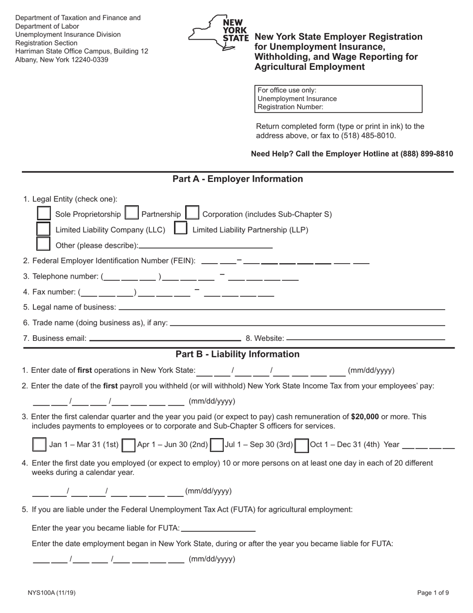 Form NYS100A New York State Employer Registration for Unemployment Insurance, Withholding, and Wage Reporting for Agricultural Employment - New York, Page 1
