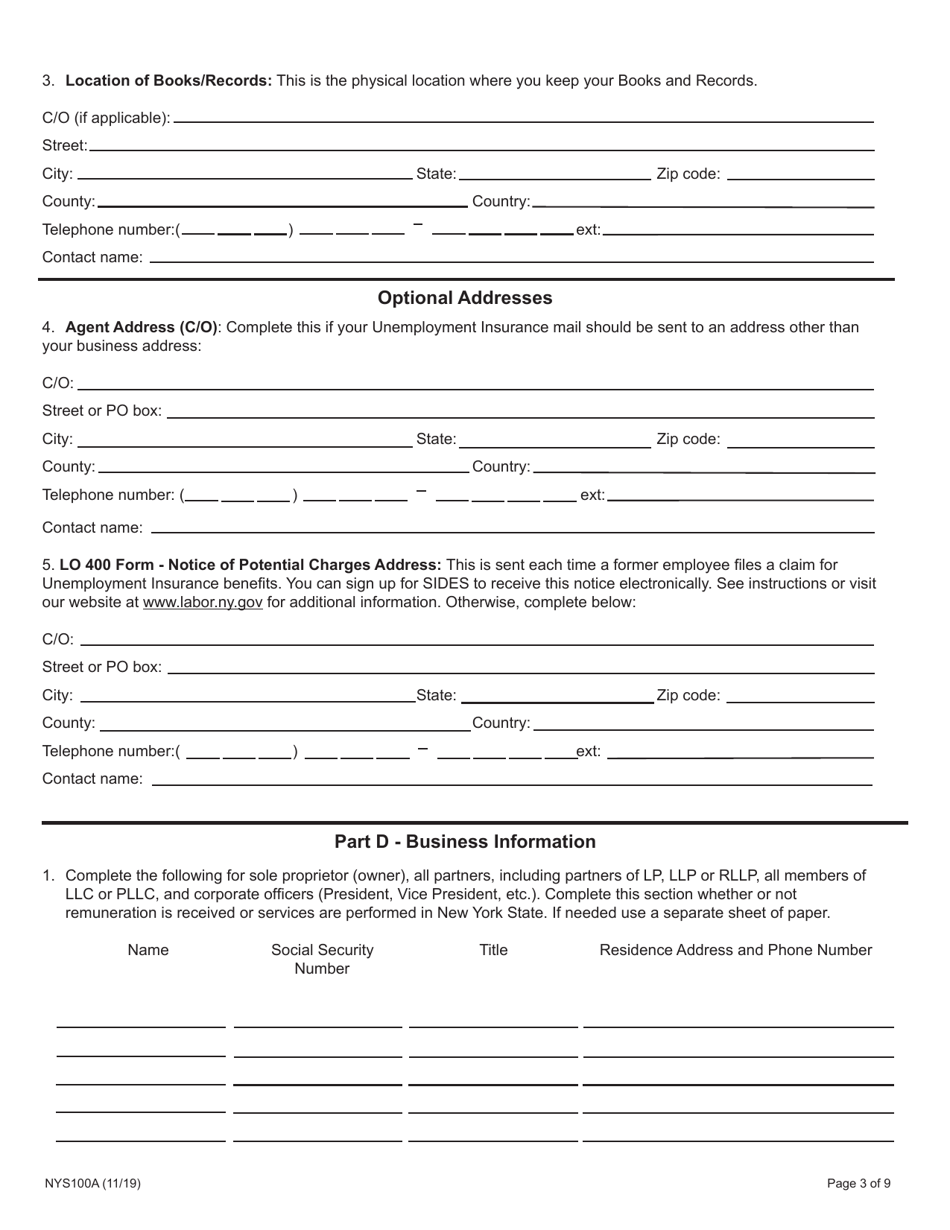 Form NYS100A New York State Employer Registration for Unemployment Insurance, Withholding, and Wage Reporting for Agricultural Employment - New York, Page 3