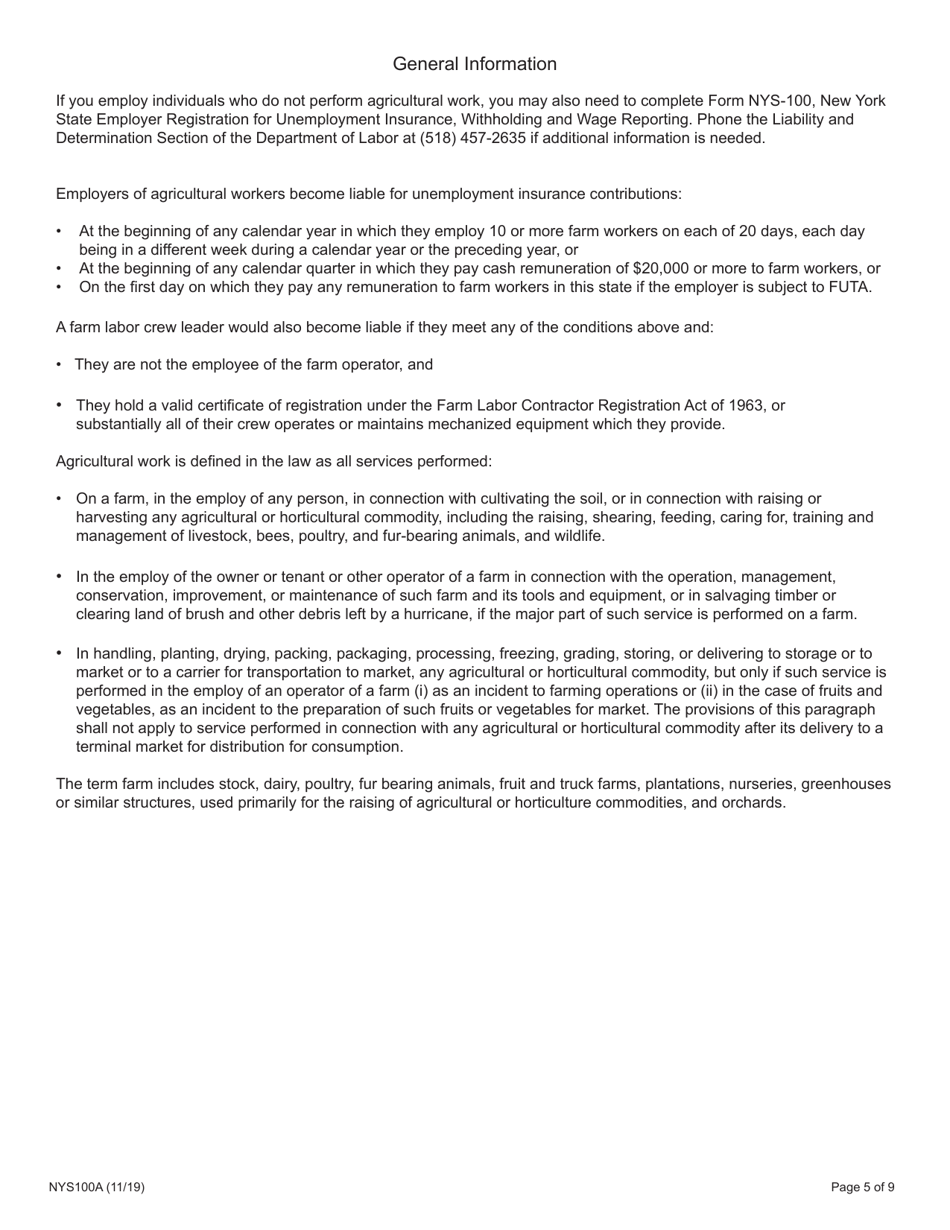 Form NYS100A New York State Employer Registration for Unemployment Insurance, Withholding, and Wage Reporting for Agricultural Employment - New York, Page 5