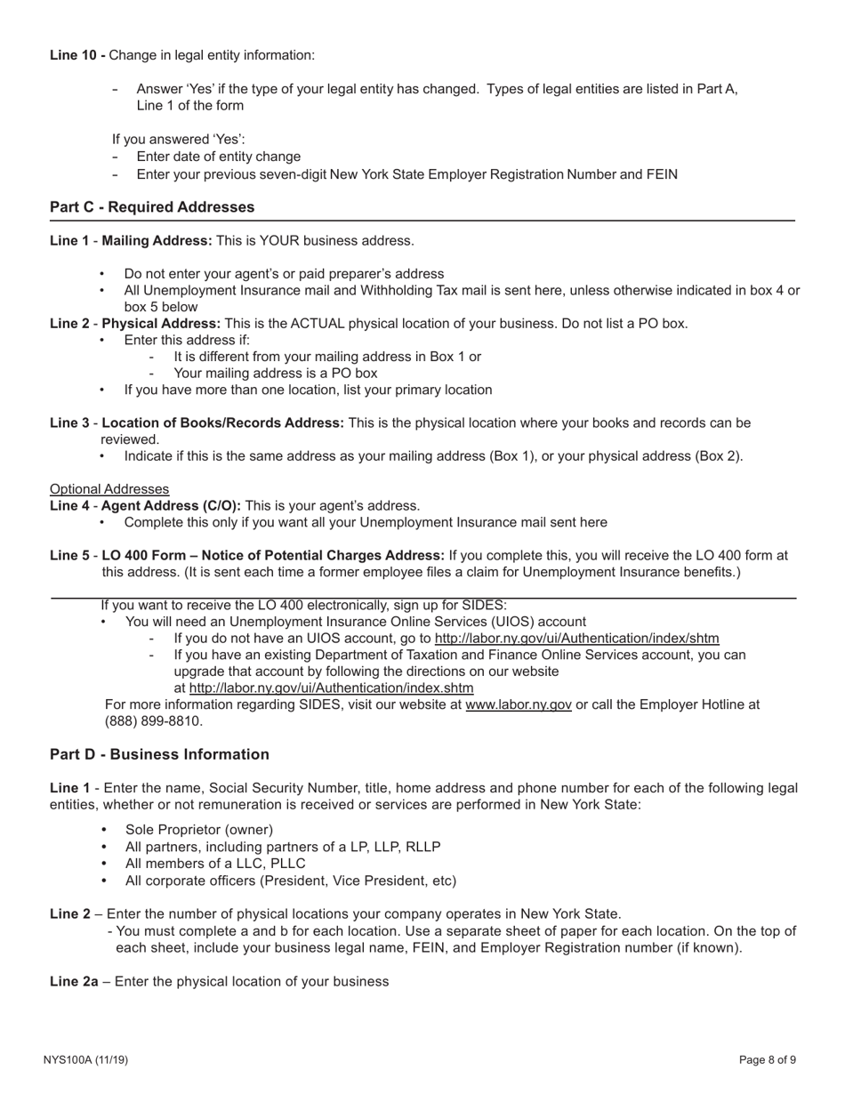 Form NYS100A New York State Employer Registration for Unemployment Insurance, Withholding, and Wage Reporting for Agricultural Employment - New York, Page 8