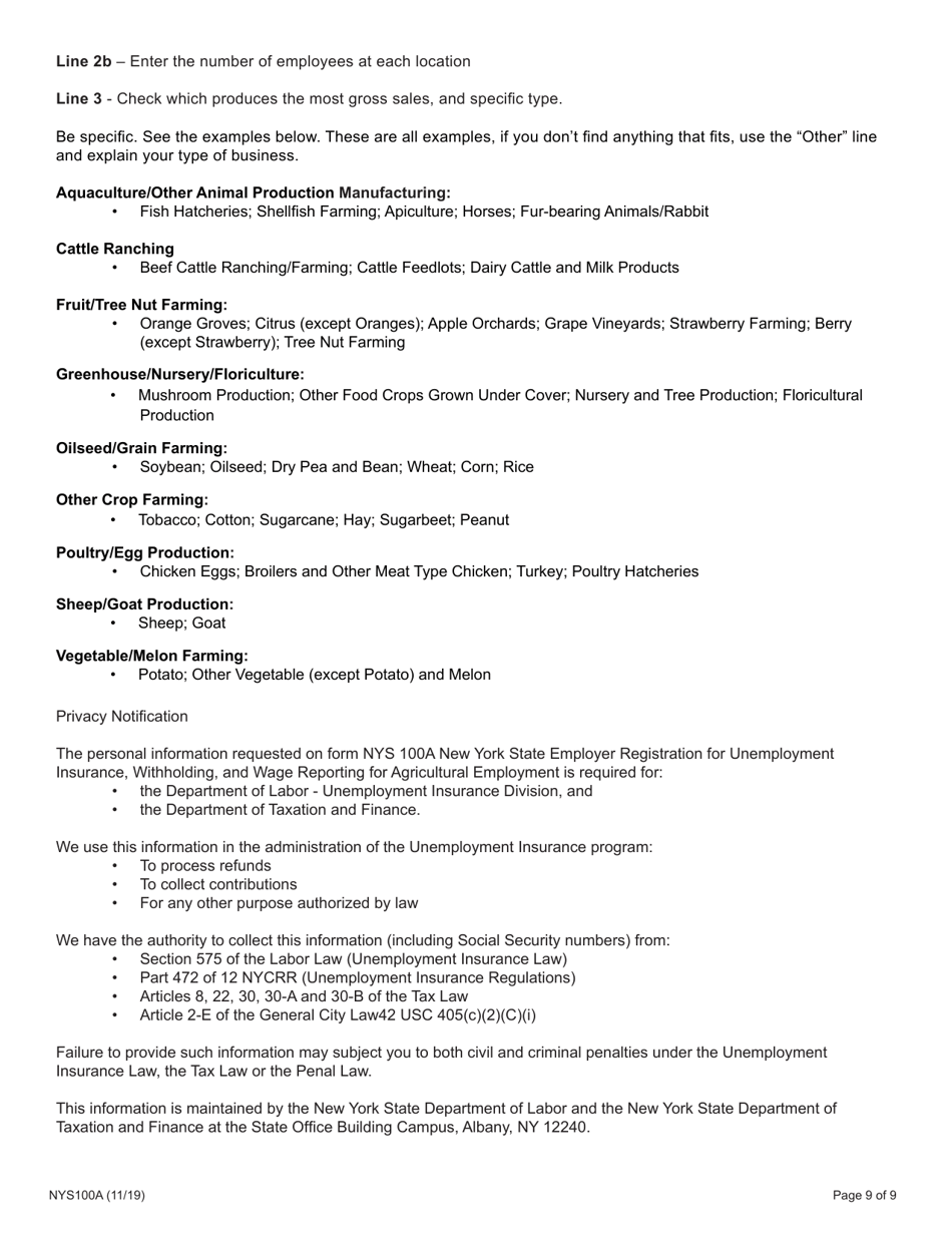 Form NYS100A New York State Employer Registration for Unemployment Insurance, Withholding, and Wage Reporting for Agricultural Employment - New York, Page 9