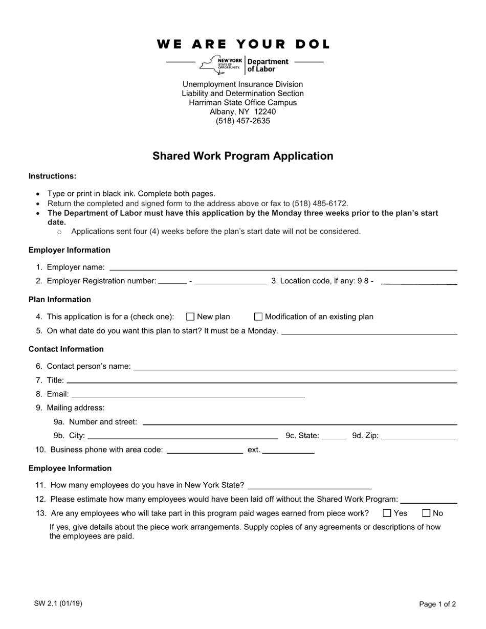 Form SW2.1 Shared Work Program Application - New York, Page 1