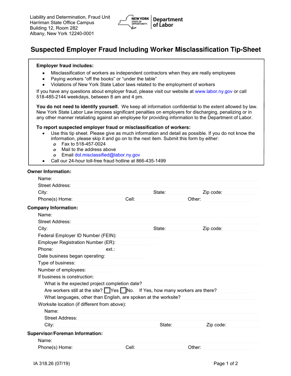 Form IA318.26 Suspected Employer Fraud Including Worker Misclassification Tip-Sheet - New York, Page 1