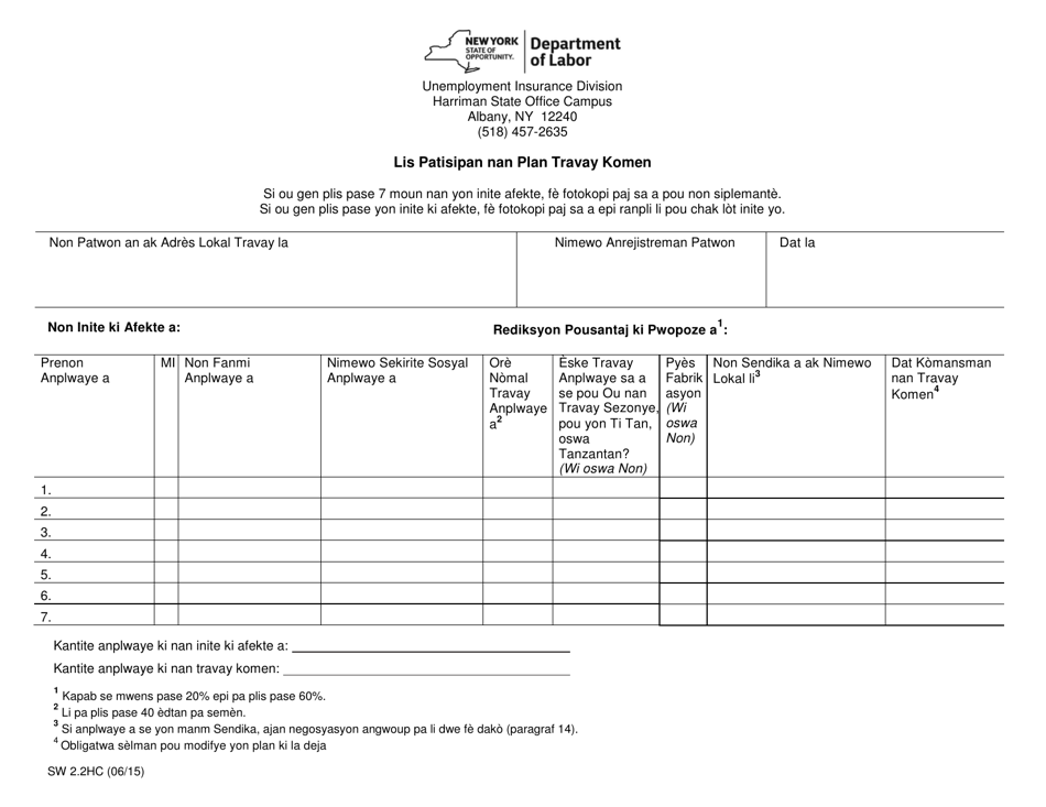 Form SW2.2HC Participant List to the Shared Work Plan - New York (Haitian Creole), Page 1