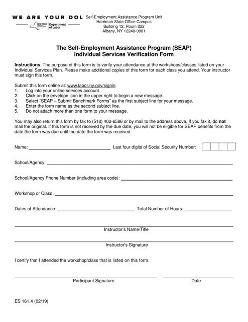 Form ES161.4 The Self-employment Assistance Program Individual Services Verification Form - New York