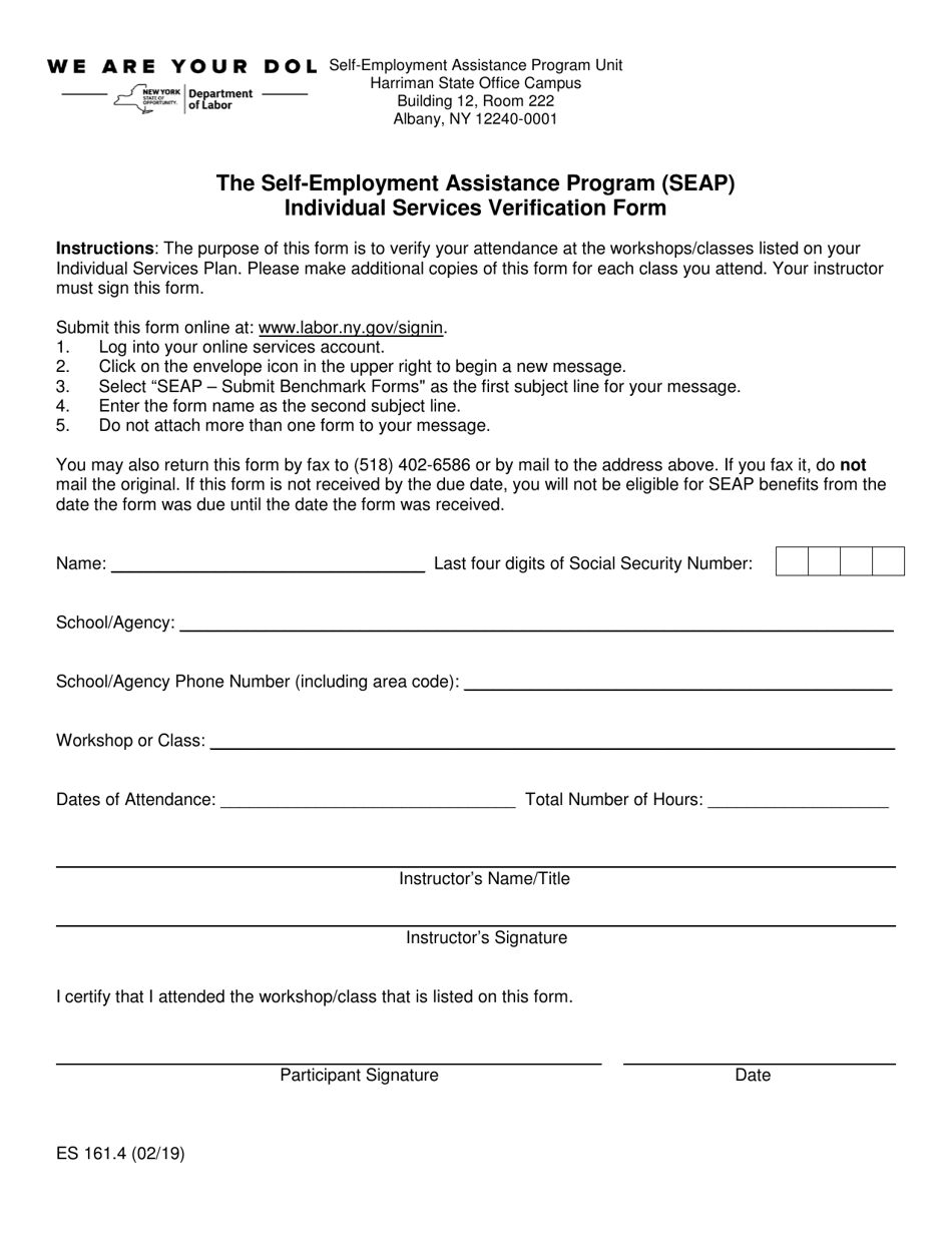 Form ES161.4 The Self-employment Assistance Program Individual Services Verification Form - New York, Page 1