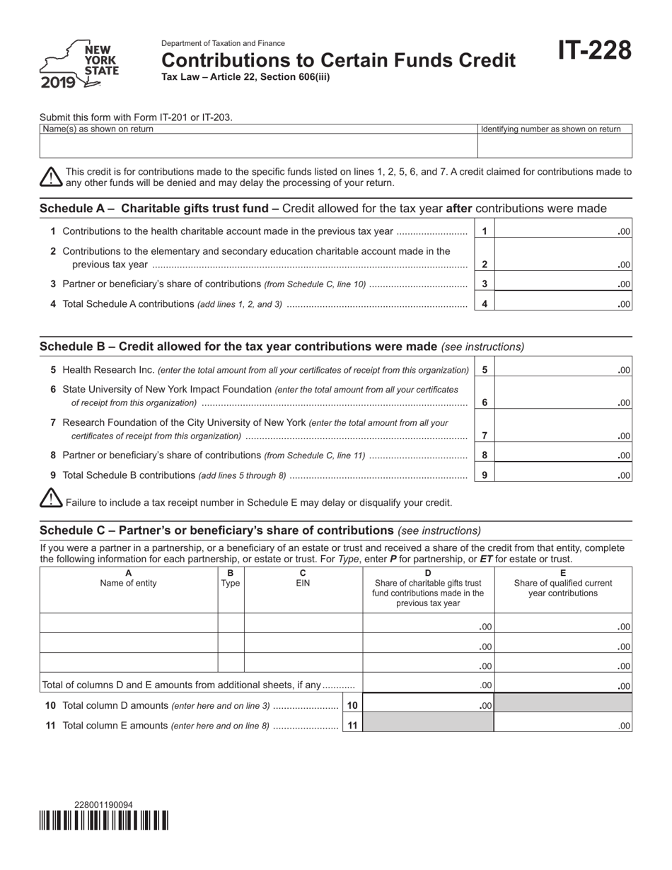 Form IT-228 Contributions to Certain Funds Credit - New York, Page 1