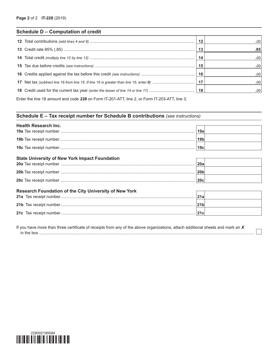Form IT-228 Contributions to Certain Funds Credit - New York, Page 2