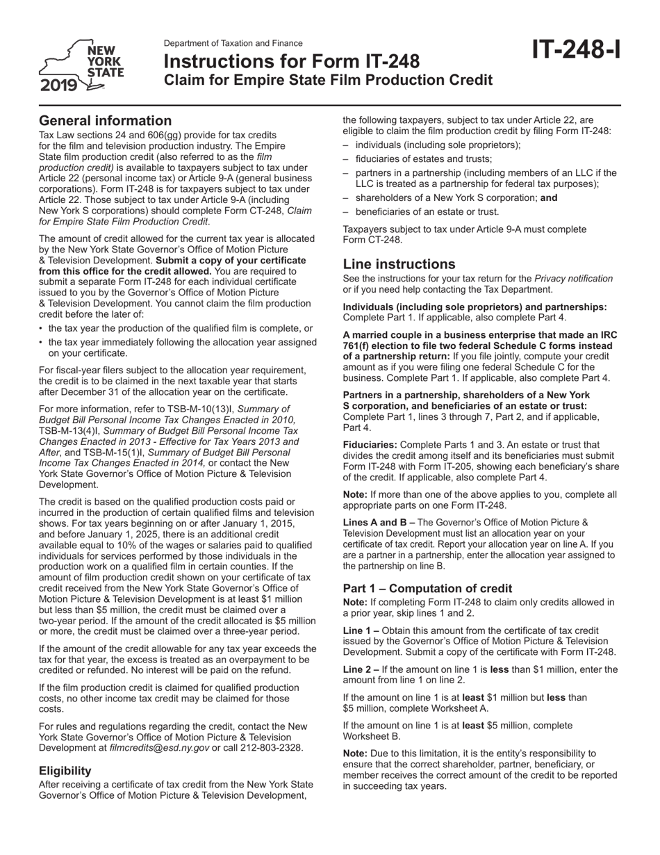 Instructions for Form IT-248 Claim for Empire State Film Production Credit - New York, Page 1