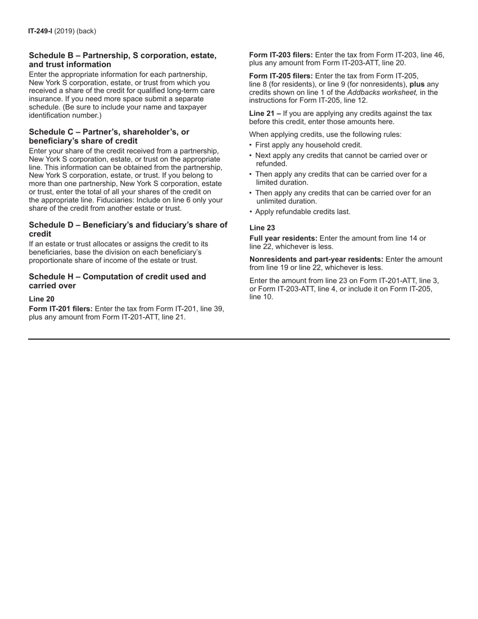 Instructions for Form IT-249 Claim for Long-Term Care Insurance Credit - New York, Page 2