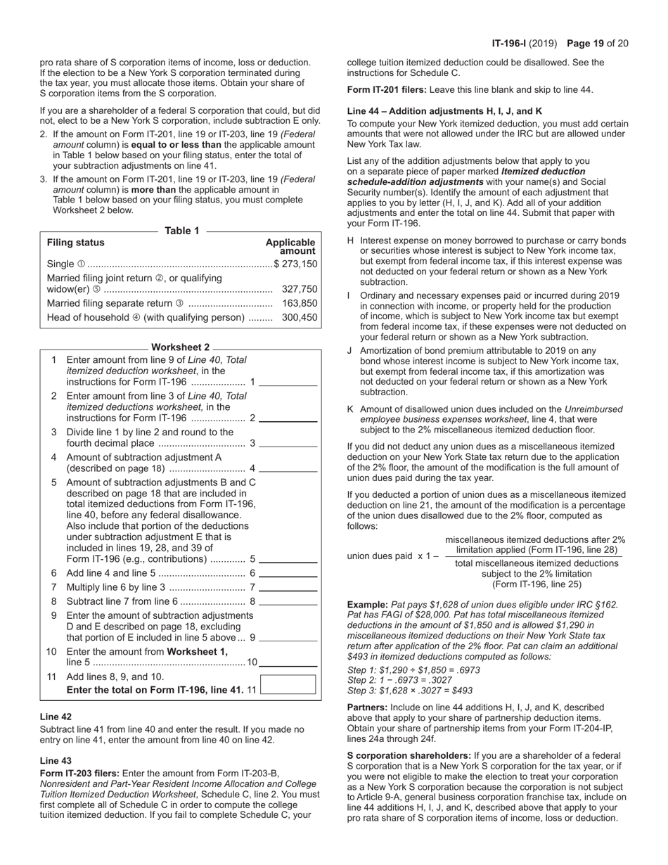 Instructions for Form IT-196 New York Resident, Nonresident, and Part-Year Resident Itemized Deductions - New York, Page 19