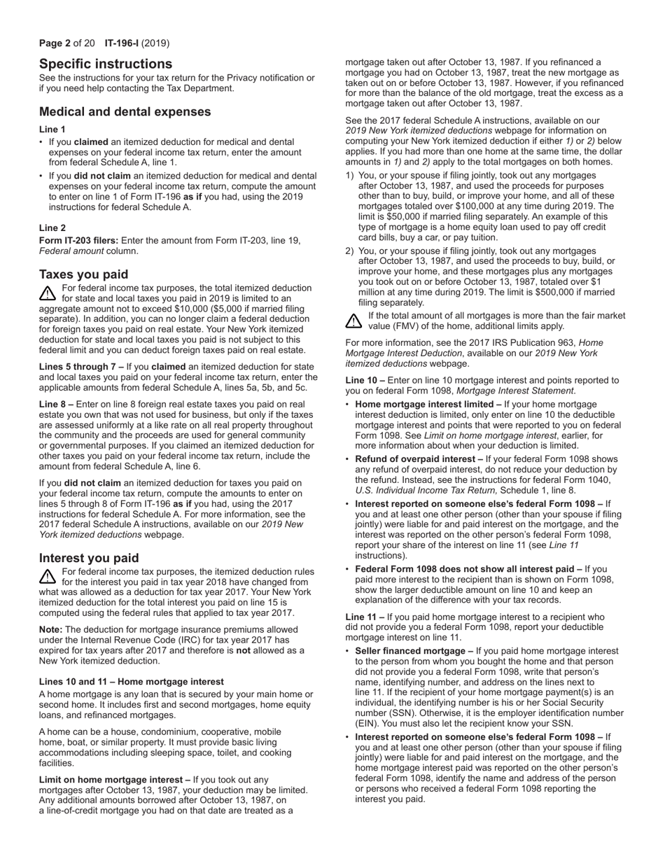 Instructions for Form IT-196 New York Resident, Nonresident, and Part-Year Resident Itemized Deductions - New York, Page 2