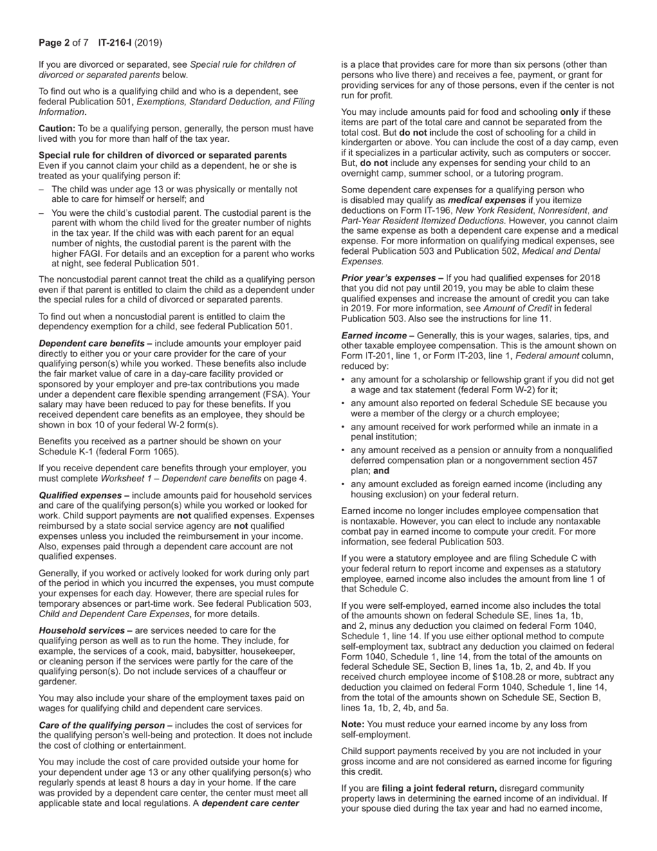 Instructions for Form IT-216 Claim for Child and Dependent Care Credit - New York, Page 2