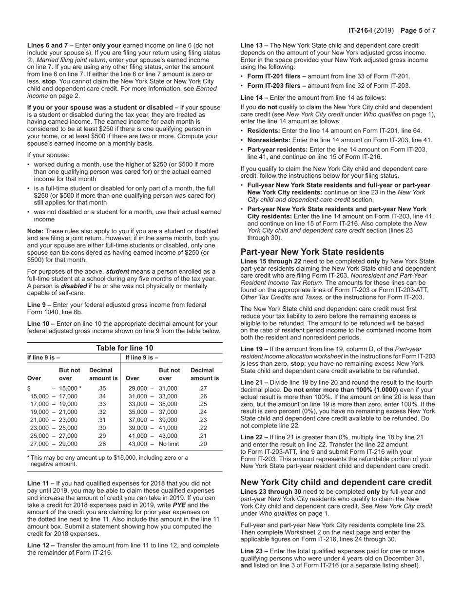 Instructions for Form IT-216 Claim for Child and Dependent Care Credit - New York, Page 5