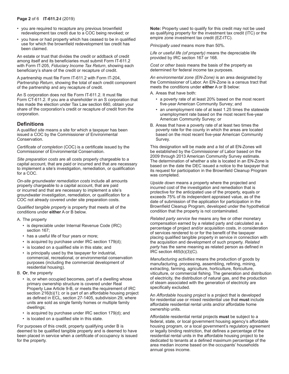 Instructions for Form IT-611.2 Claim for Brownfield Redevelopment Tax Credit for Qualified Sites Accepted Into the Brownfield Cleanup Program on or After July 1, 2015 - New York, Page 2