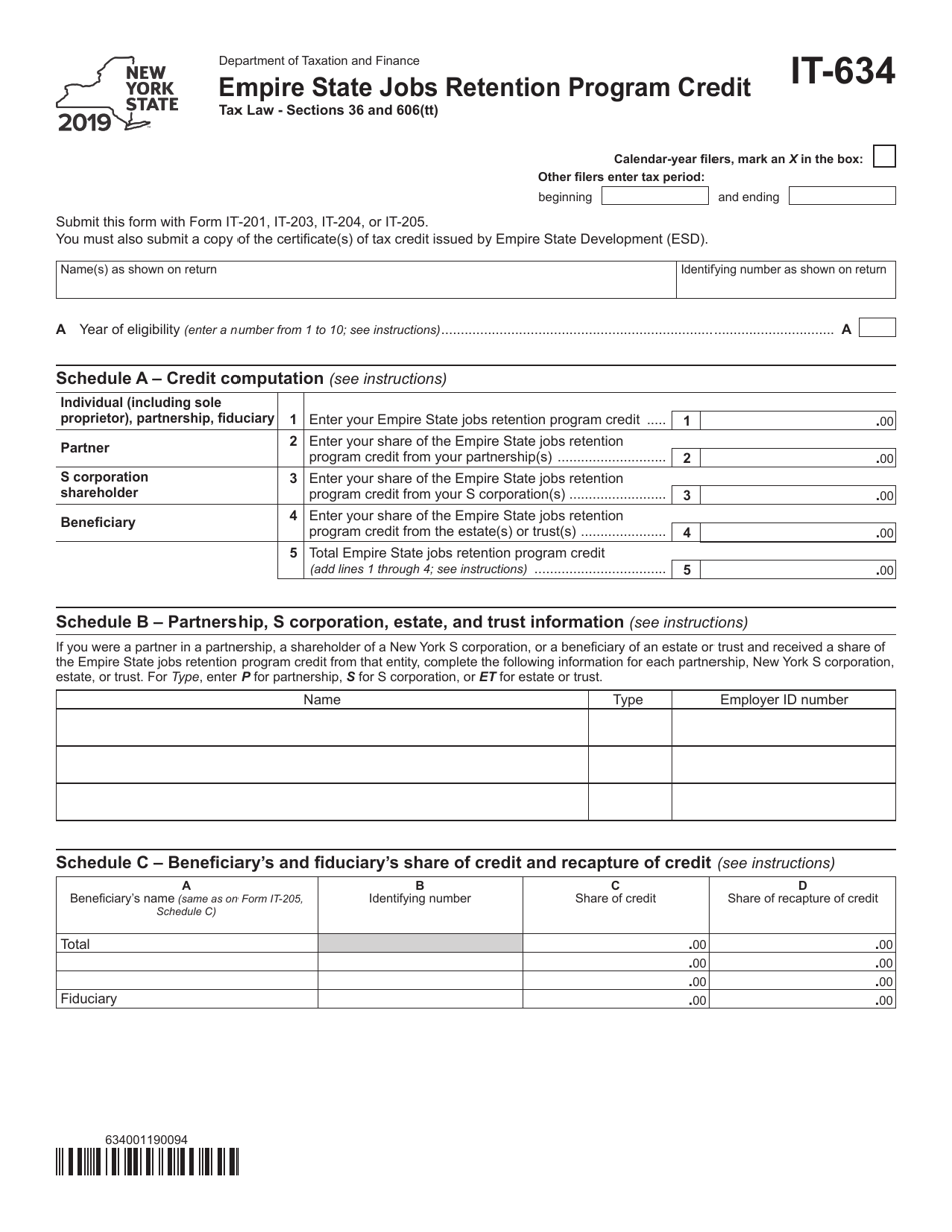 Form IT-634 Empire State Jobs Retention Program Credit - New York, Page 1