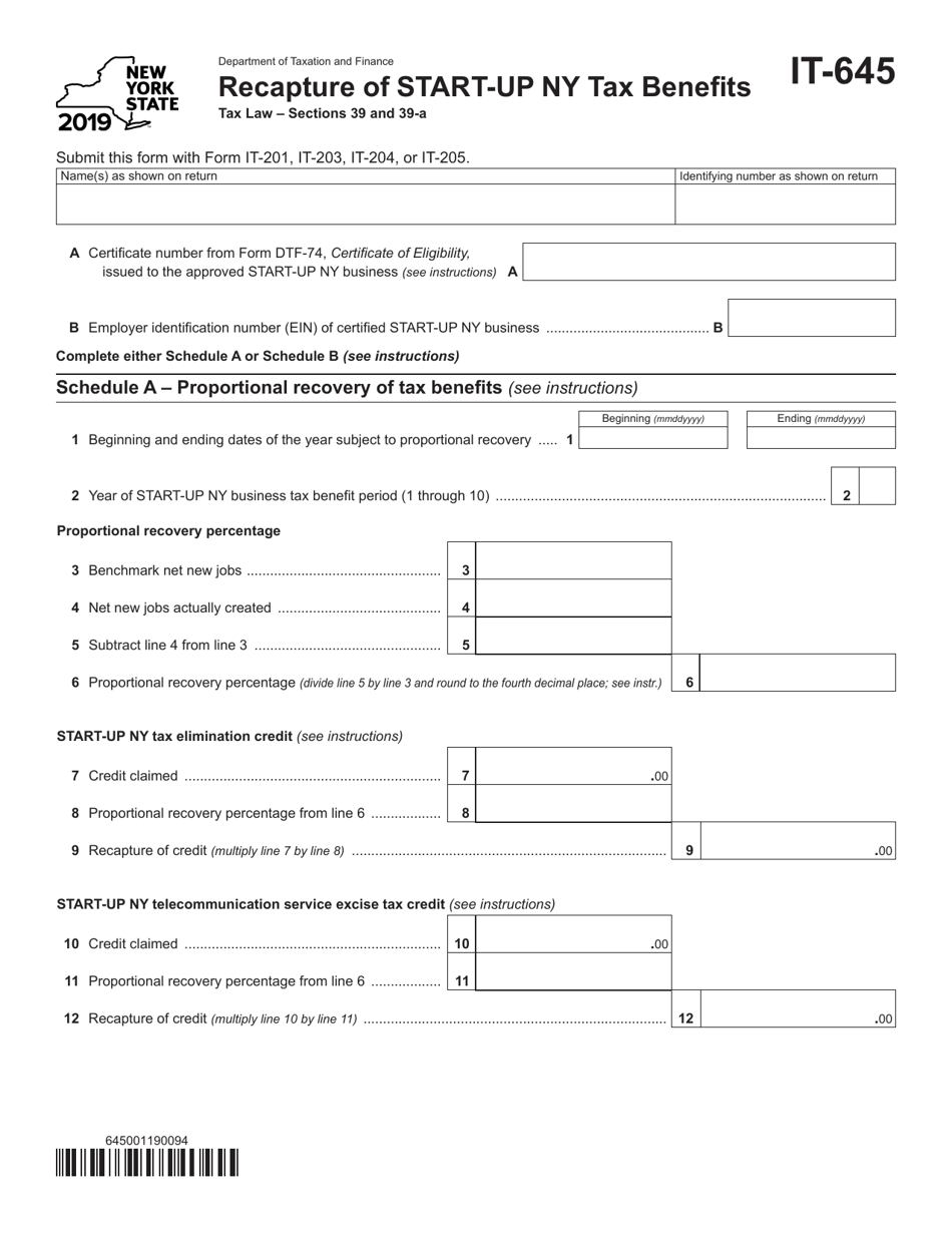 Form IT-645 Recapture of Start-Up Ny Tax Benefits - New York, Page 1
