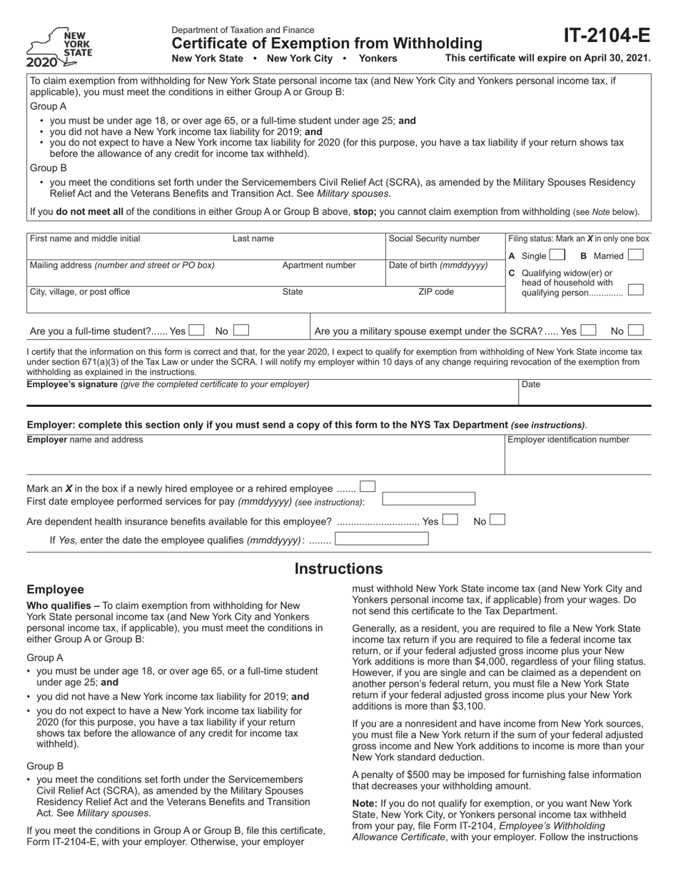 Form IT-2104-E Certificate of Exemption From Withholding - New York, Page 1