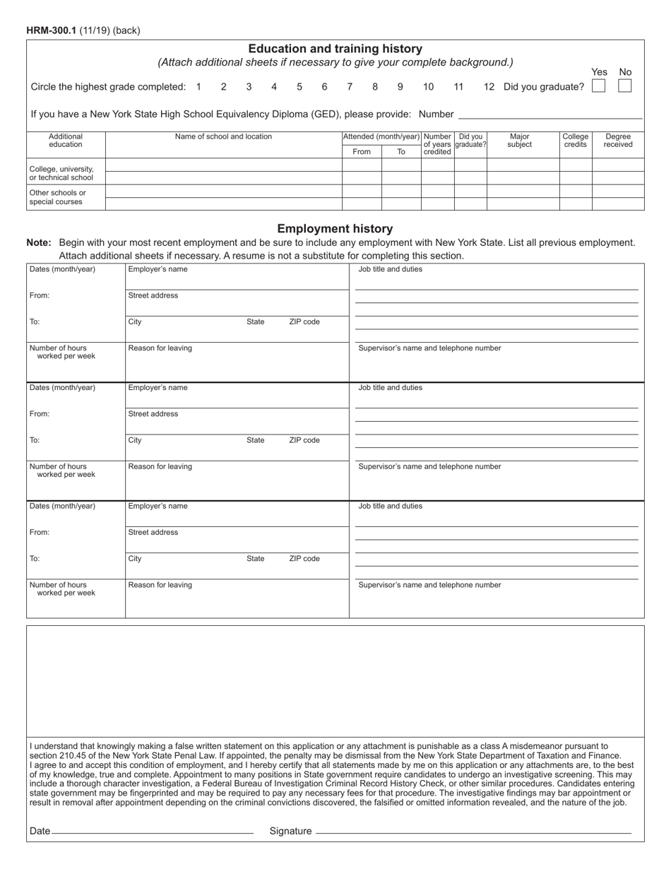 Form HRM-300.1 Applicant History - New York, Page 2