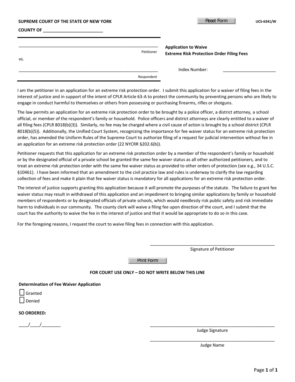 Form UCS-6341 / W Application to Waive Extreme Risk Protection Order Filing Fees - New York, Page 1