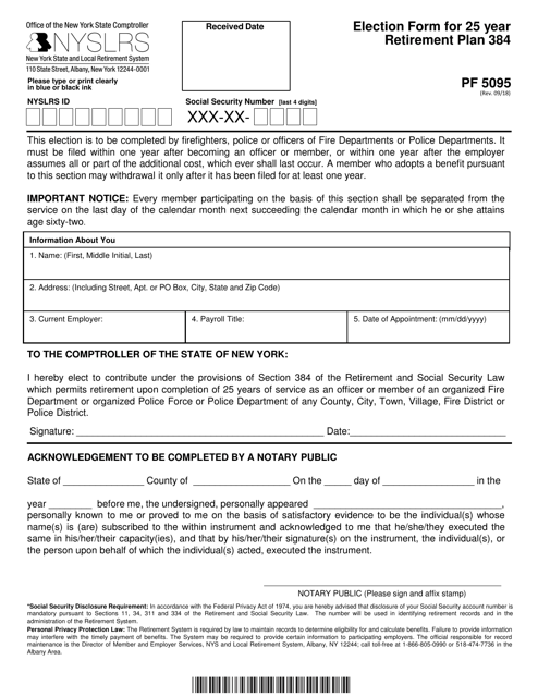 Form PF5095 Election Form for 25 Year Retirement Plan 384 - New York