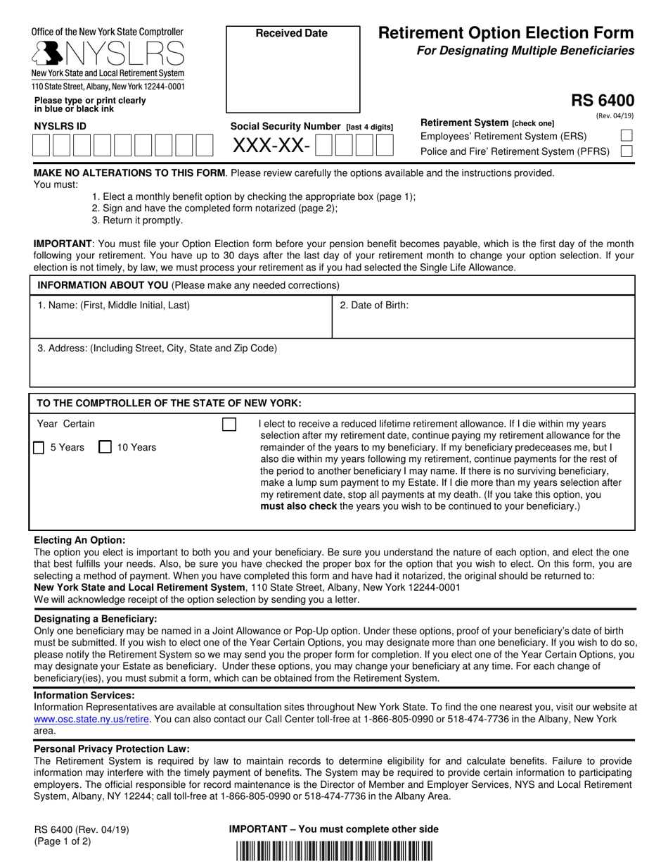 Form RS6400 Download Fillable PDF or Fill Online Retirement Option ...