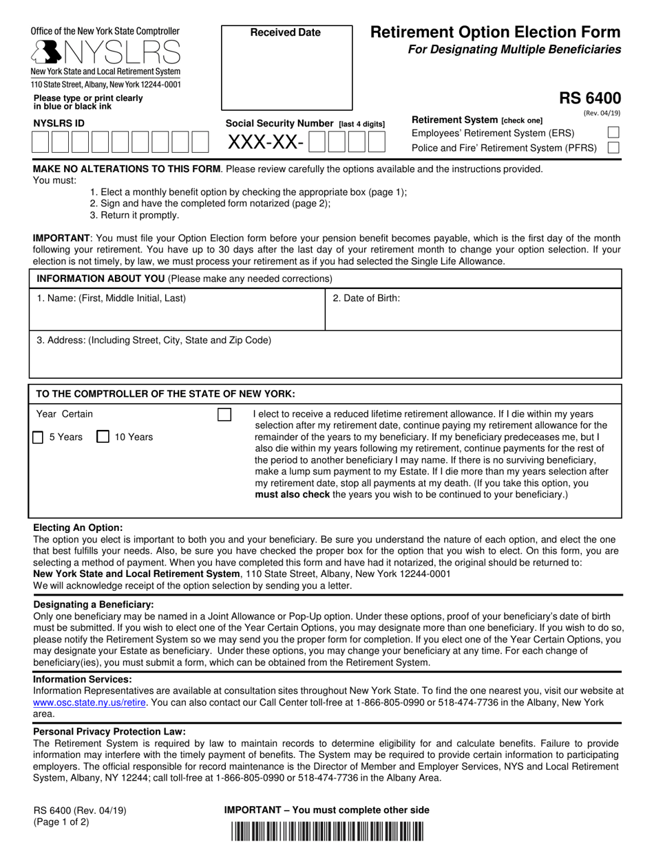 Form RS6400 Retirement Option Election Form for Designating Multiple Beneficiaries - New York, Page 1