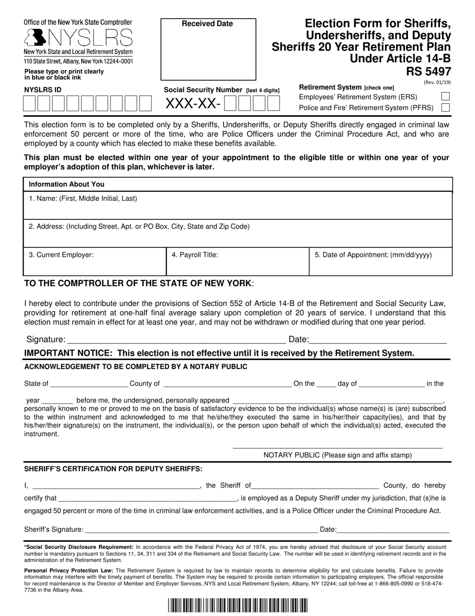 Form RS5497 Election Form for Sheriffs, Undersheriffs, and Deputy Sheriffs 20 Year Retirement Plan Under Article 14-b - New York, Page 1