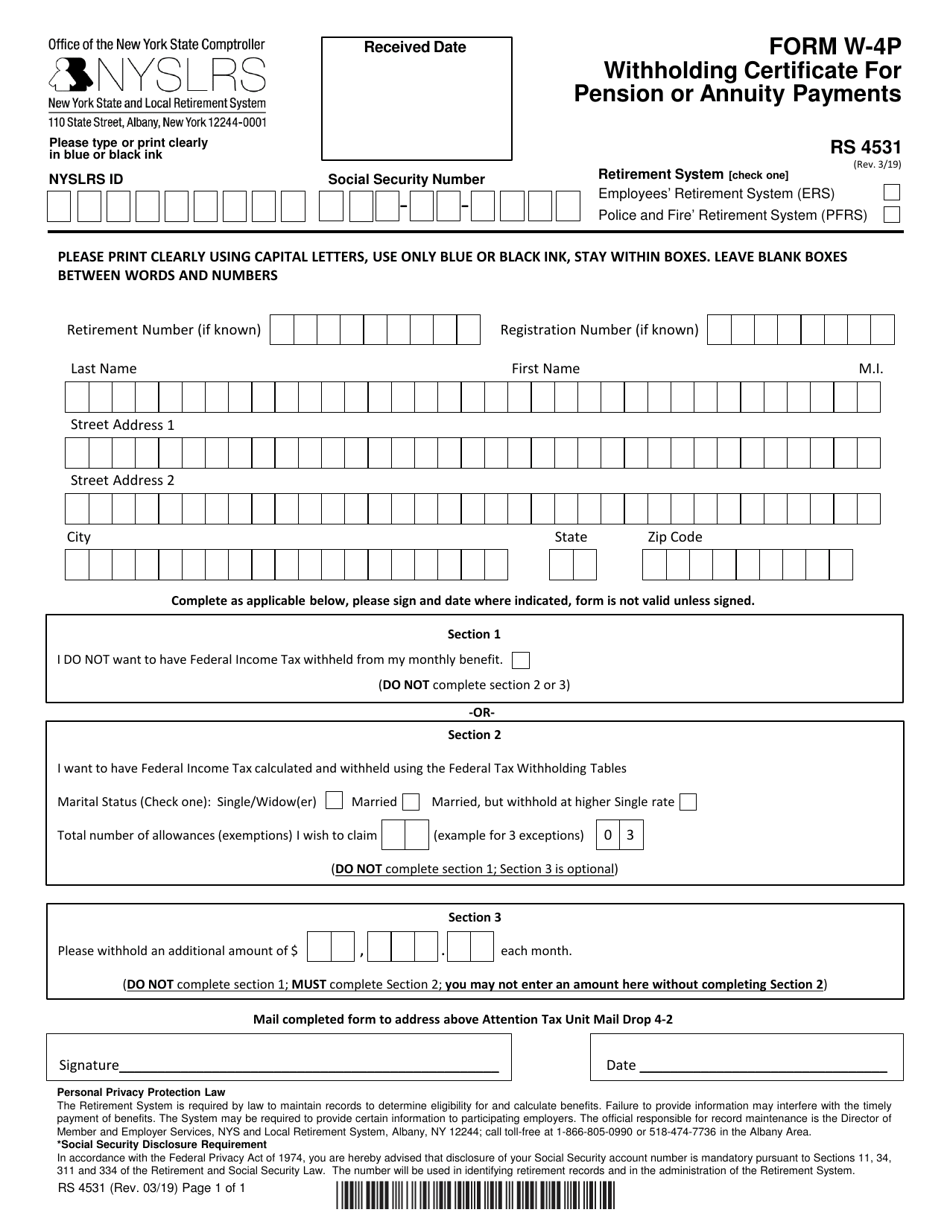 Form W-4P (RS4531) Withholding Certificate for Pension or Annuity Payments - New York, Page 1