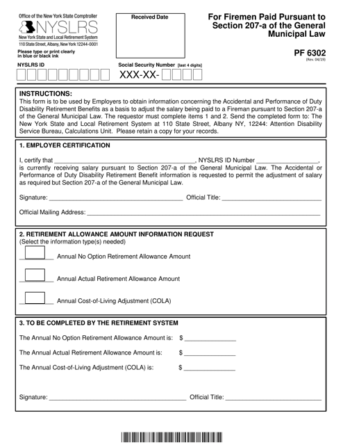 Form PF6302 Request for Retirement Allowance Data for Firefighters Paid Pursuant to Section 201-a of the General Municipal Law - New York