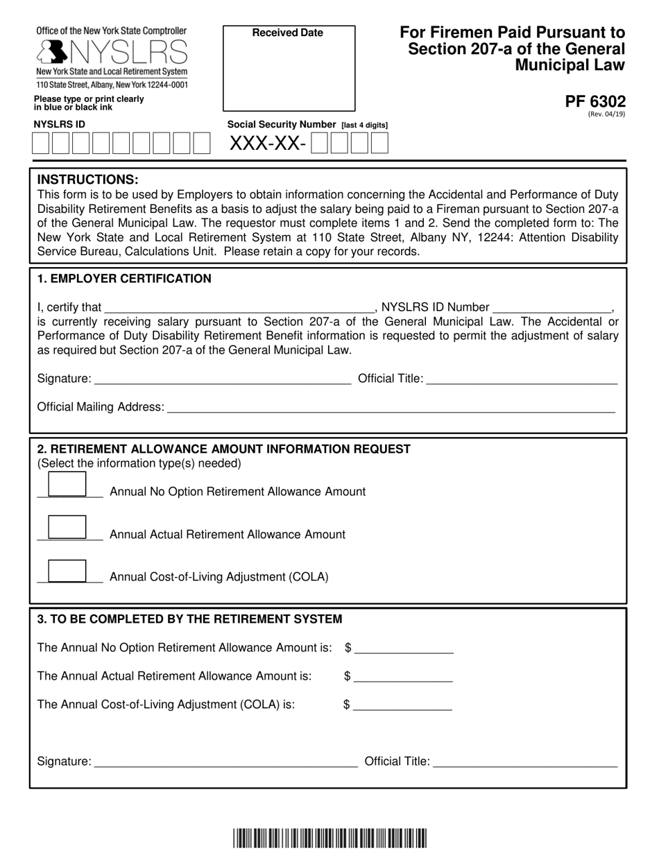 Form PF6302 Request for Retirement Allowance Data for Firefighters Paid Pursuant to Section 201-a of the General Municipal Law - New York, Page 1