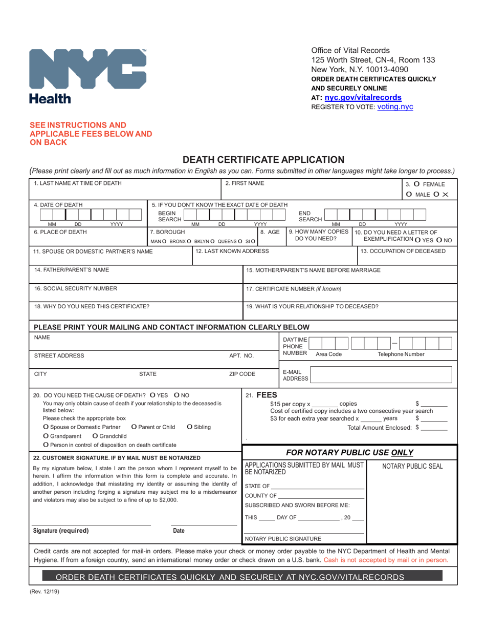 Death Certificate Application - New York City, Page 1