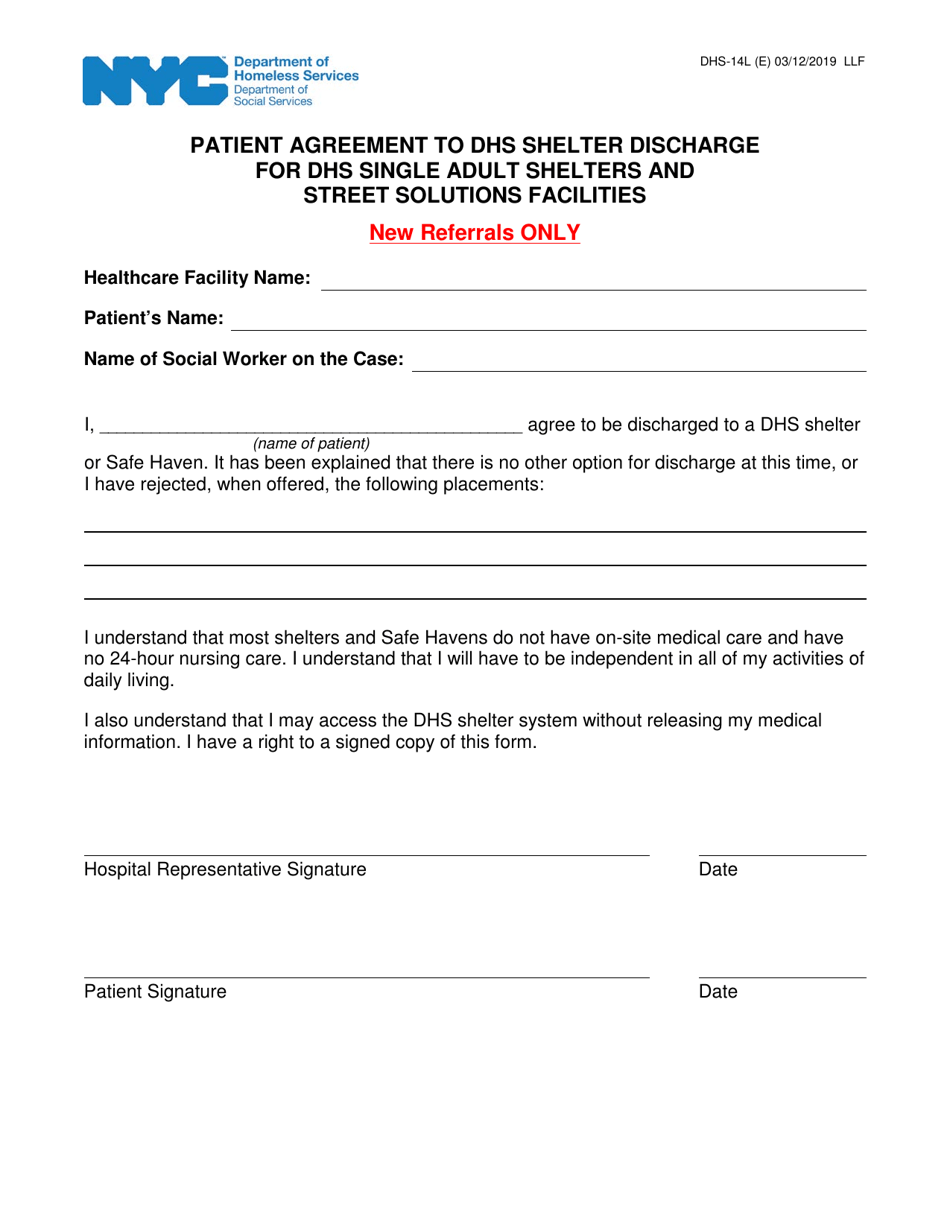 Form DHS-14L Patient Agreement to DHS Shelter Discharge for DHS Single Adult Shelters and Street Solutions Facilities - New York City, Page 1