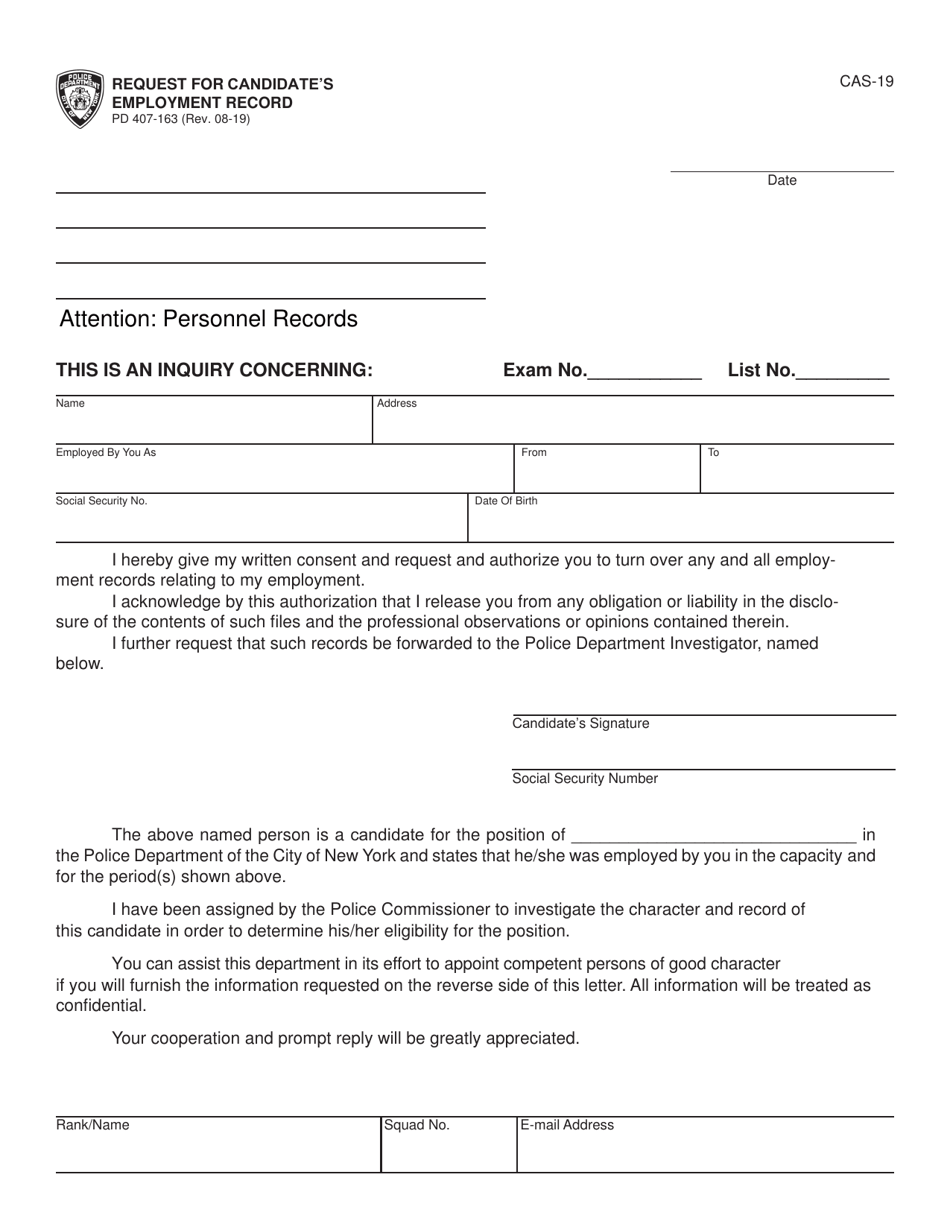 Form CAS-19 (PD407-163) Request for Applicants Employment Record - New York City, Page 1