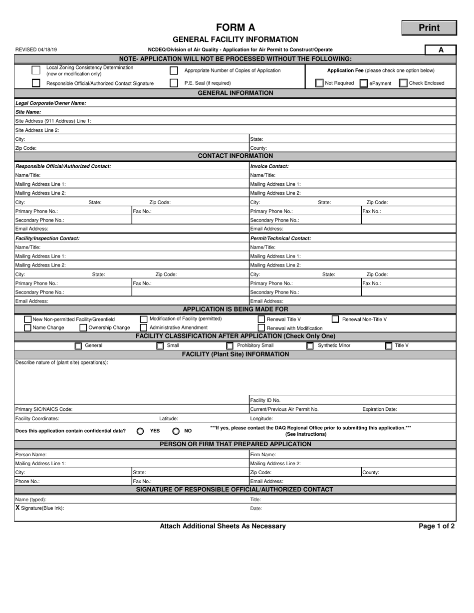 Form A General Facility Information - North Carolina, Page 1