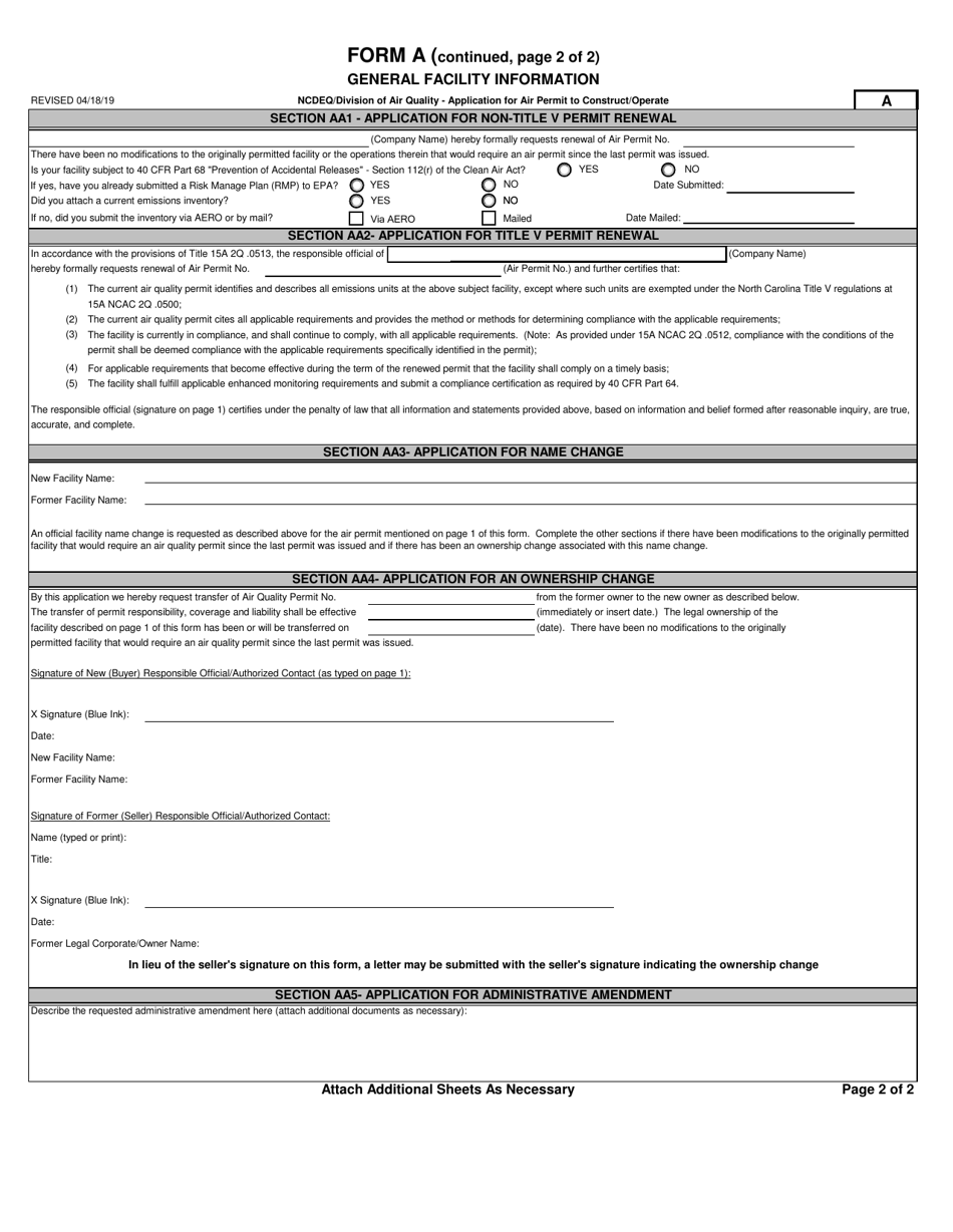 Form A General Facility Information - North Carolina, Page 2