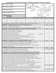 Nc Daq Source Test Observers Checklist - Particulate Testing EPA Methods 1-5 and 202 - North Carolina
