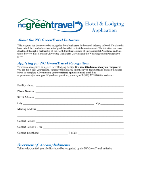 Nc Greentravel Hotel & Lodging Application - North Carolina Download Pdf