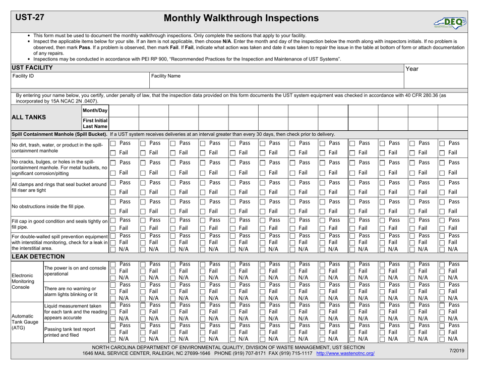 Form UST-27 Monthly Walkthrough Inspections - North Carolina, Page 1