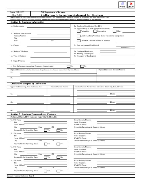 Form RO-1063 Collection Information Statement for Business - North Carolina