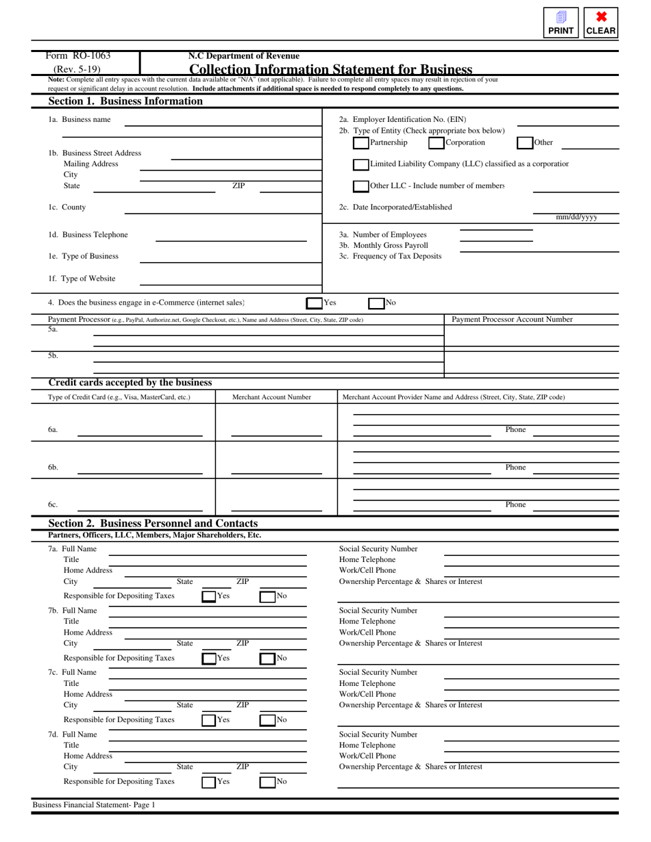 Form RO-1063 Collection Information Statement for Business - North Carolina, Page 1