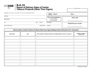 Form B-A-10 Report of Delivery Sales of Certain Tobacco Products (Other Than Cigars) - North Carolina