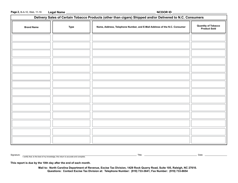 Form B-A-10 Report of Delivery Sales of Certain Tobacco Products (Other Than Cigars) - North Carolina, Page 2