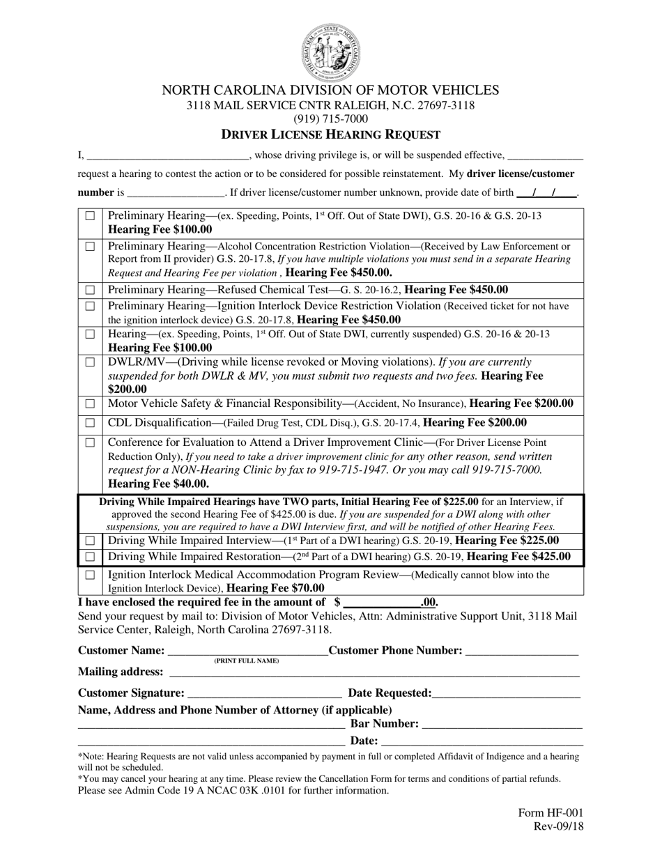 Form HF-001 Driver License Hearing Request - North Carolina, Page 1